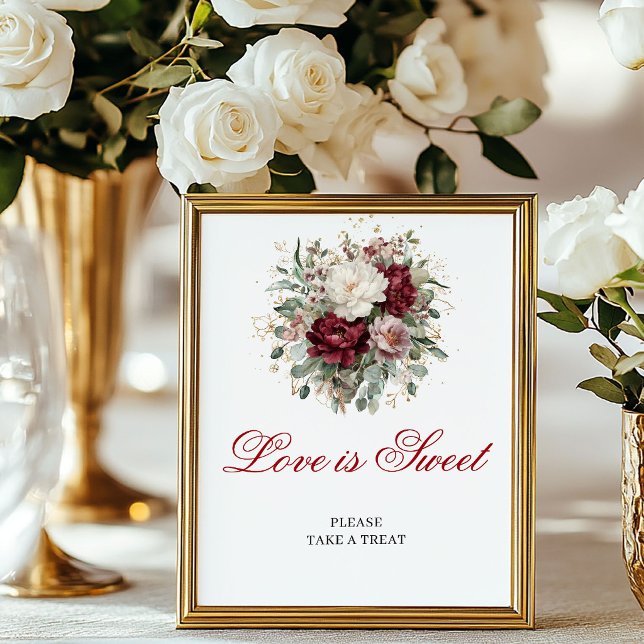 Poster Amor Vermelho Intenso é Doce Sinal de Mesa Blush B (Deep Red Love is Sweet Blush Burgundy Tabletop Sign)