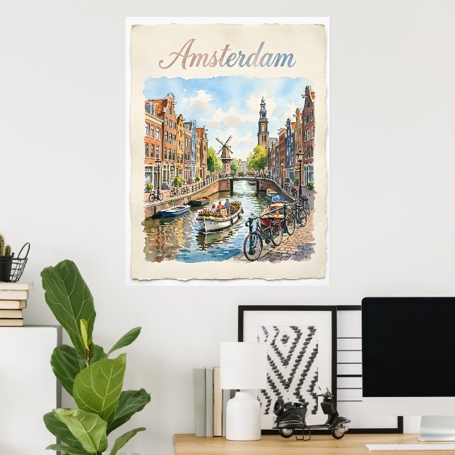 Poster Amsterdã Holanda aquarela (Escritório em casa)