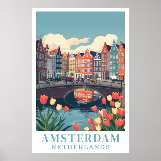Poster Amsterdã Holanda Bicicletas de Viagem Antigas Arte (Frente)