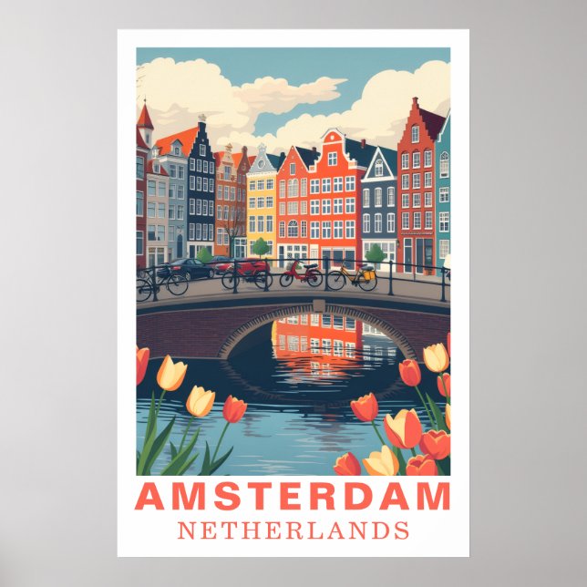 Poster Amsterdã Holanda Viagem Bicicletas Tulipa (Frente)
