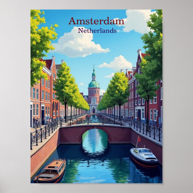Poster Amsterdam Netherlands Gouache Illustration Travel (Frente)