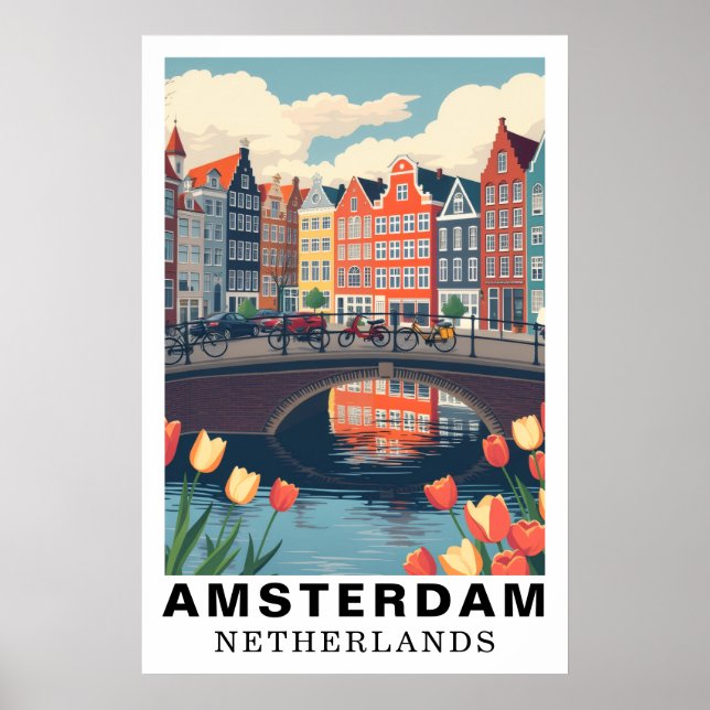 Poster Amsterdam Netherlands Travel Bicycles Tulip (Frente)