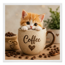 Póster Amuleto de Gatinho na Xícara de Café