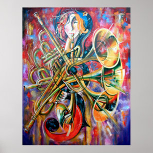 Poster An oil painting on canvas. Music, the girl plays m