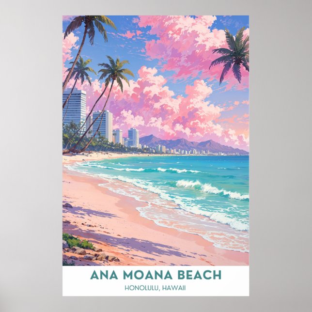Poster Ana Moana Beach, Linda Honolulu, Hwaii Beach (Frente)