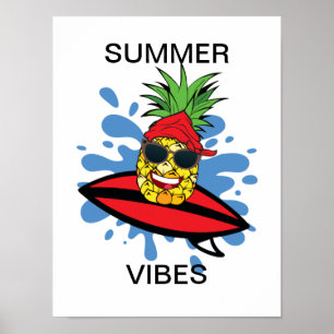 Poster Ananás de Surf de Aniversário Divertido