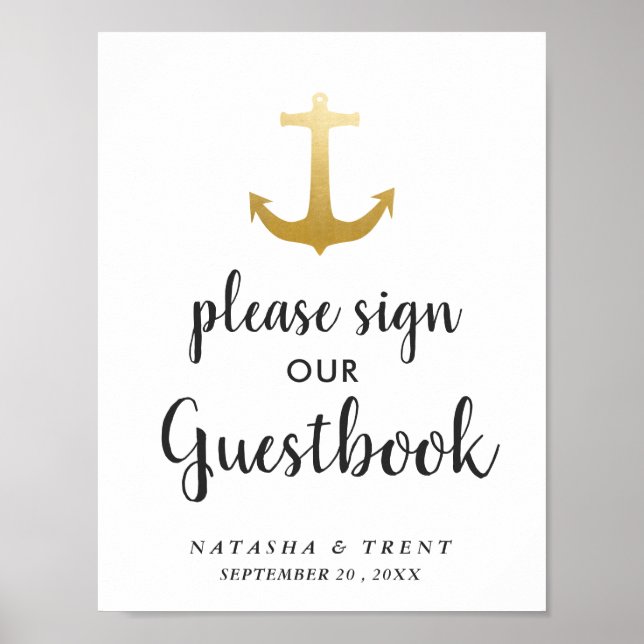 Poster Anchor Náutico Faux Gold Foil | Sinal de casamento (Frente)