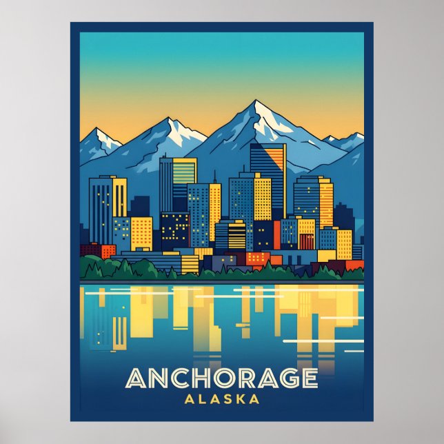 Poster Anchorage Alaska skyline com montanhas e água (Frente)