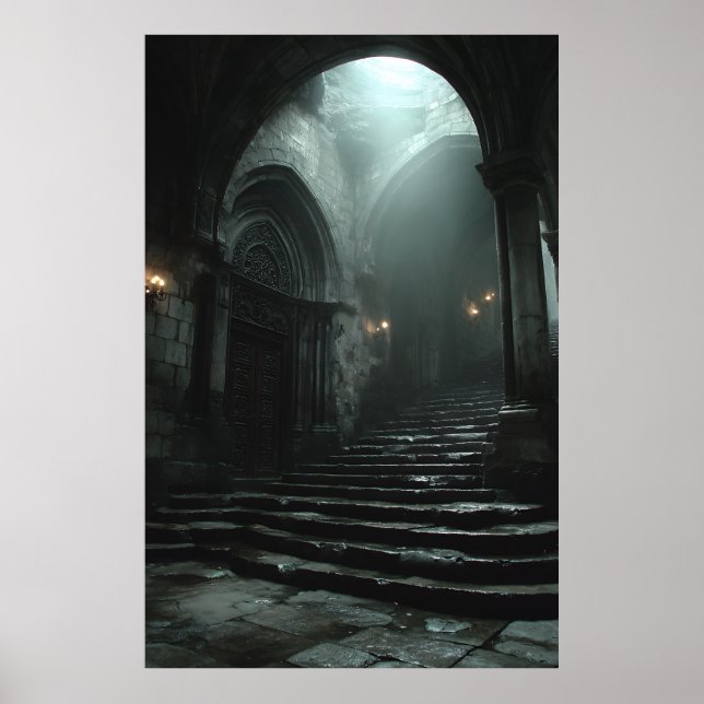 Poster Ancient Cathedral Stairway Mist Light (Frente)
