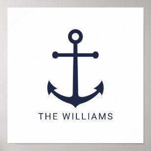 Poster Âncora Azul do Marinho Náutico e Nome Personaliz