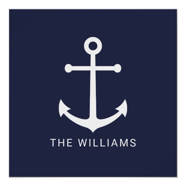 Póster Âncora branca náutica e nome personalizado em azul (Frente)
