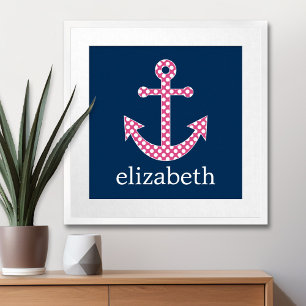 Poster Âncora de Bolinhas rosa-claro com nome personaliz