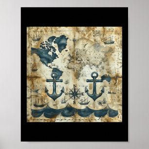 Poster Âncora de Velho Navio Pirata Náutico Vintage Mar O