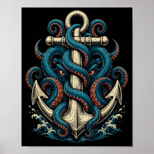 Poster Âncora kraken escura tatuagem náutica