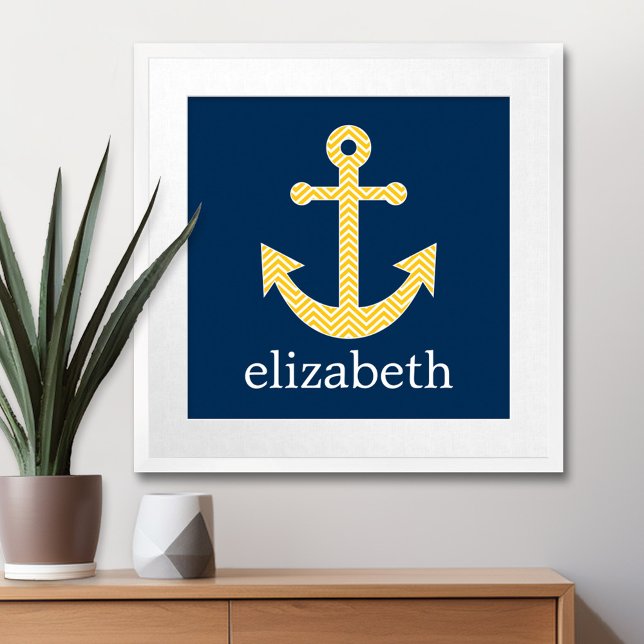 Poster Âncora Náutica com Padrão de Cevão Amarelo Marinho (Nautical Anchor Poster with Custom Name)