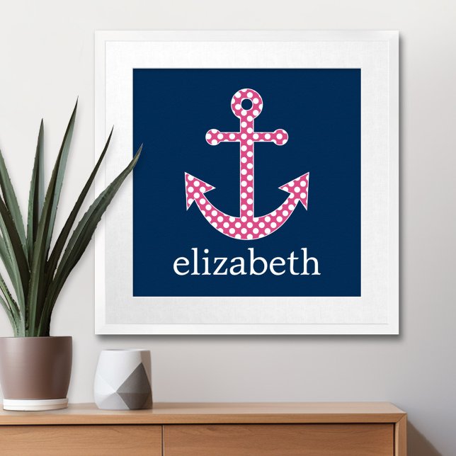Poster Âncora Rosa Pontilhada com Nome Personalizado Azul (Nautical Anchor Poster with Custom Name)