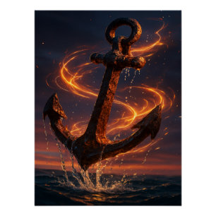 Póster Âncora Rústica Flamejante – Arte Náutica Fantástic