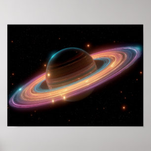 Poster Anel Galáctico Neon Planetário Arte Digital Cósmic