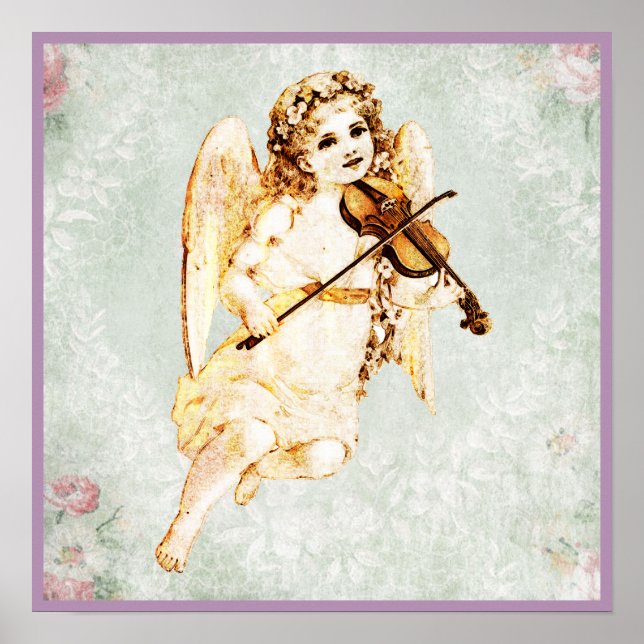 Póster Angel reproduzindo um violino no fundo do papel de (Frente)
