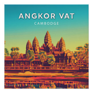 Póster Angkor Vat, Cambodge, Poster style rétro-chic