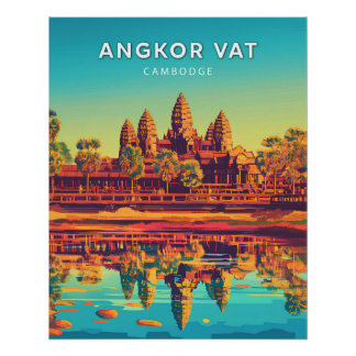 Póster Angkor Vat, Cambodge, Poster style rétro-chic