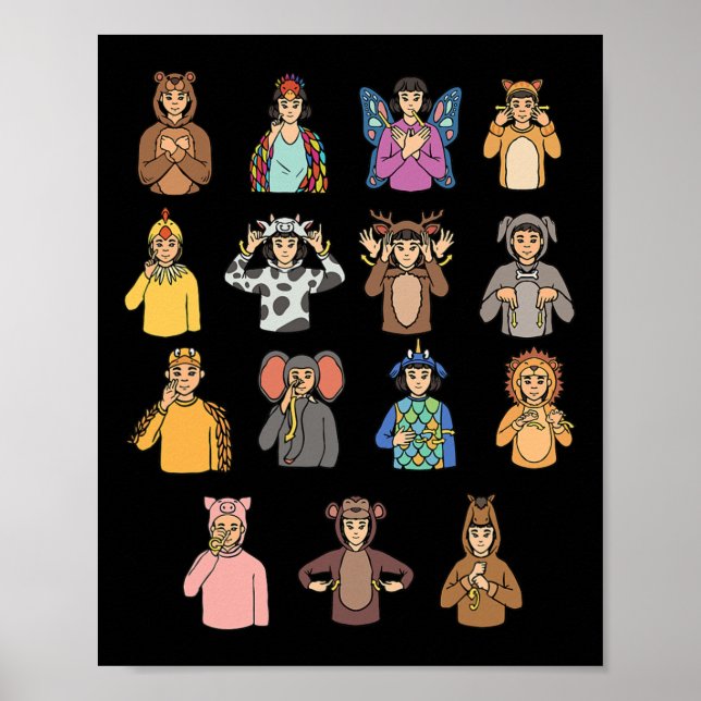 Poster Animais ASL Gesto de Mão Surda Perda de Audição Aw (Frente)