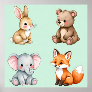 Poster Animais Bebês Adoráveis da Floresta em Aquarela Pa