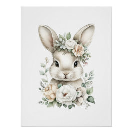 Póster Animais Bebês Adoráveis em Aquarela com Flores