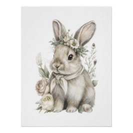 Póster Animais Bebês Adoráveis em Aquarela com Flores
