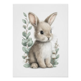 Póster Animais Bebês Adoráveis em Aquarela com Flores