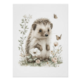 Póster Animais Bebês Adoráveis em Aquarela com Flores