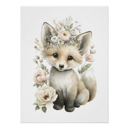 Póster Animais Bebês Adoráveis em Aquarela com Flores