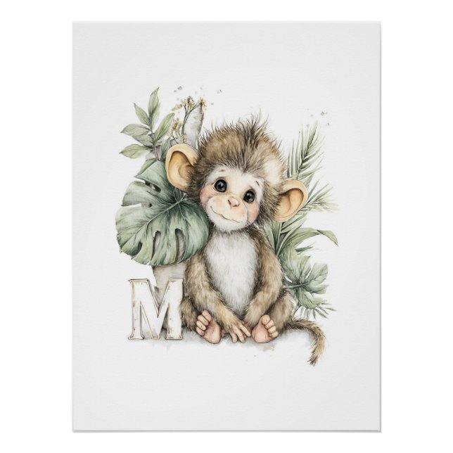 Póster Animais Bebês em Aquarela Fofos com Letras do Alfa (Frente)