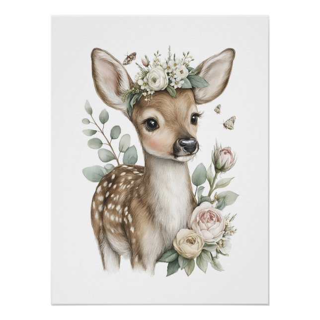 Póster Animais Bebês Fofo em Aquarela com Flores (Frente)