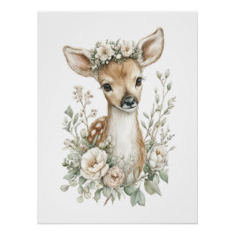Póster Animais Bebês Fofo em Aquarela com Flores