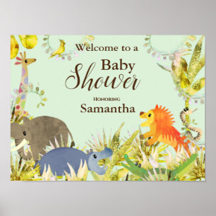 Poster Animais Coloridos Fofos da Selva Chá de Bebê Tropi