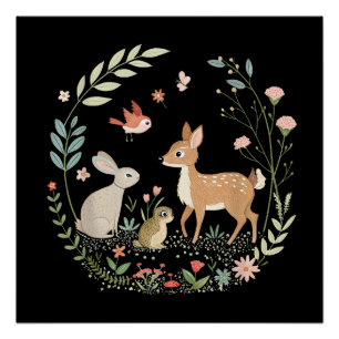 Póster Animais da Floresta Arte de Jardim Cottagecore Flo