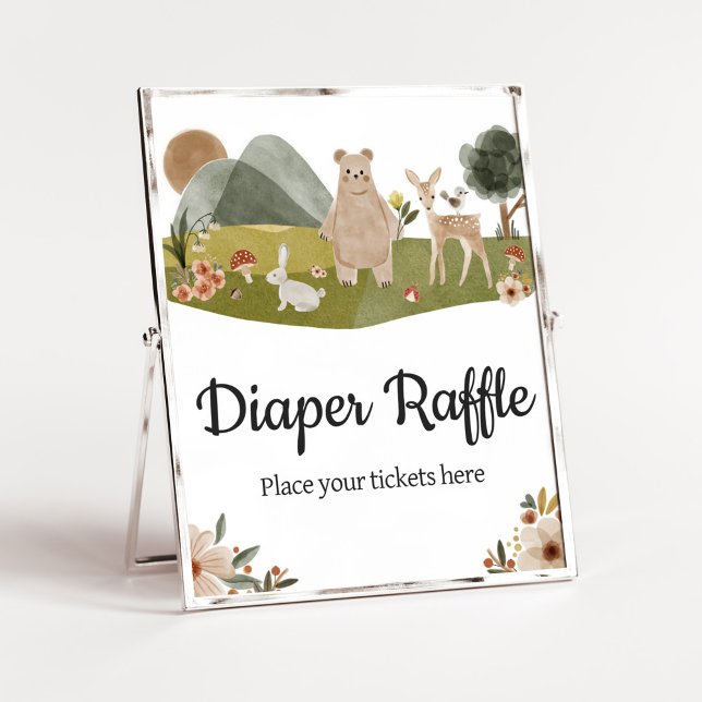 Poster Animais da Floresta Boho Chá de fraldas Raffle (Gender Neutral Boho Baby Shower Diaper Raffle Sign)