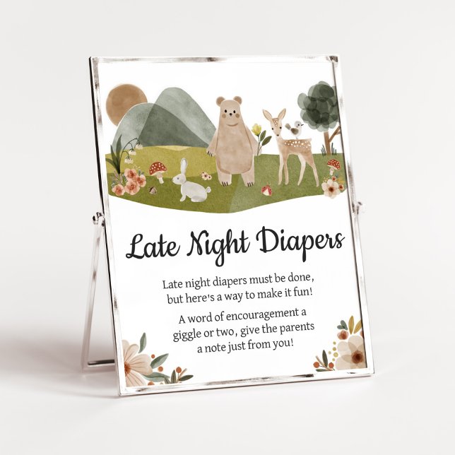 Poster Animais Da Floresta Boho Fraldas Noturnas Tardes (Gender Neutral Boho Baby Shower Late Night Diapers Sign)