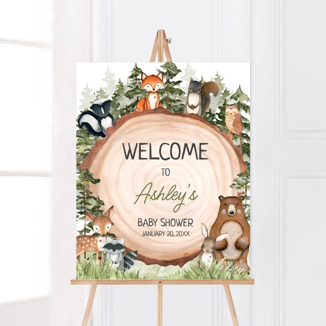 Poster Animais da Floresta Borracha de Madeira Boas-vinda (Boy Woodland Animals Baby Shower Welcome Sign)