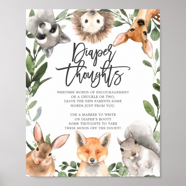 Poster Animais da Floresta Chá de fraldas Sinais de Pensa (Frente)