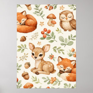 Poster Animais da Floresta e Padrão de Frutas Vermelhas F