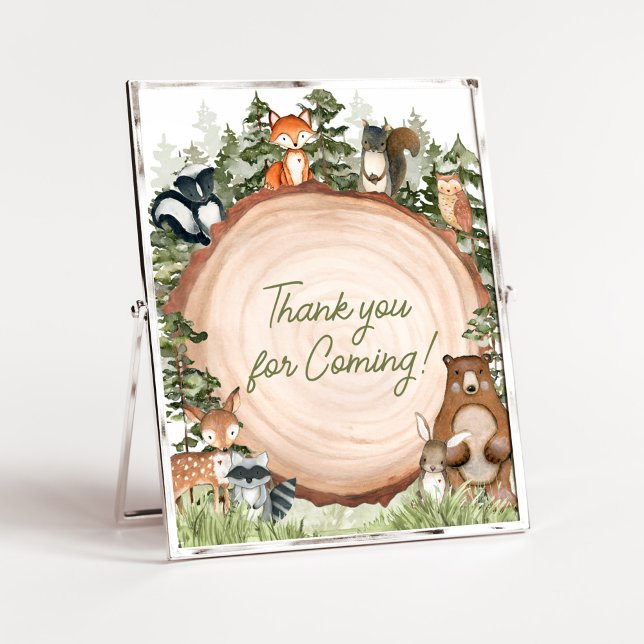 Poster Animais da Floresta Fatia de Madeira Obrigado por  (Boy Woodland Animals Baby Shower Thank you for Coming Sign)