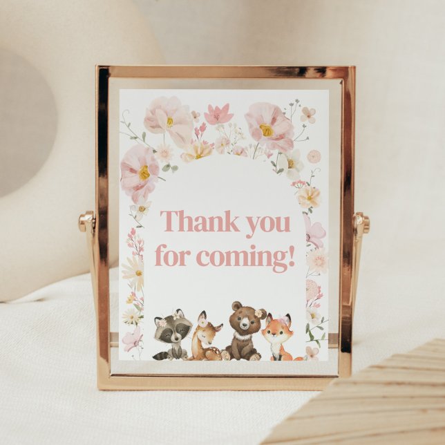 Poster Animais da Floresta Floral Rosa Obrigado por virem (Pink Flower Woodland Animals Baby Shower Thank you for Coming Sign)