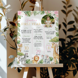 Poster Animais da Safari Rosa Aniversário de Um Ano Marca