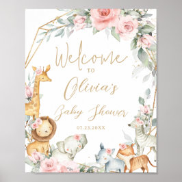 Poster Animais da Selva Floral Rosa Boas-Vindas ao Chá de