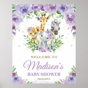 Poster Animais da Selva Safari Purple Floral Bebê Bem-Vin
