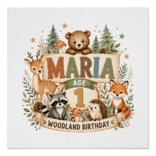 Póster Animais de Aniversário Personalizados da Floresta