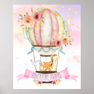 Poster Animais de Balão de Ar Floral Aventura Espera