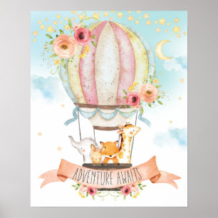 Poster Animais de Balão de Ar Floral Aventura Espera